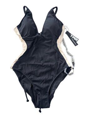 TA3 Womens Plungey Contour One-Piece Swimsuit Large Black Oat Adjustable Lace-Up